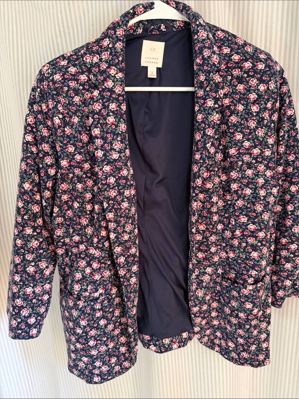 LC Lauren Conrad Navy Floral Blazer with Pink Rose Print
